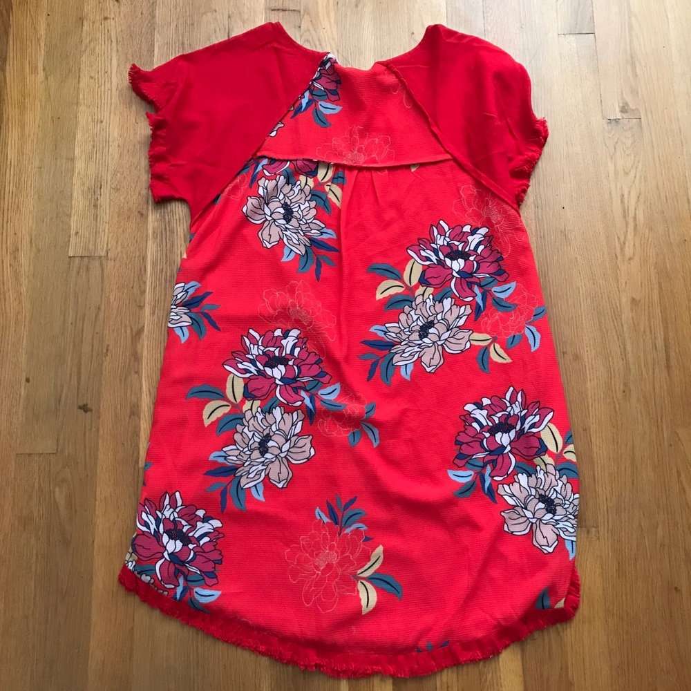 UMGEE Red Frayed Hem Floral High Low Dress Short Sleeve Linen S